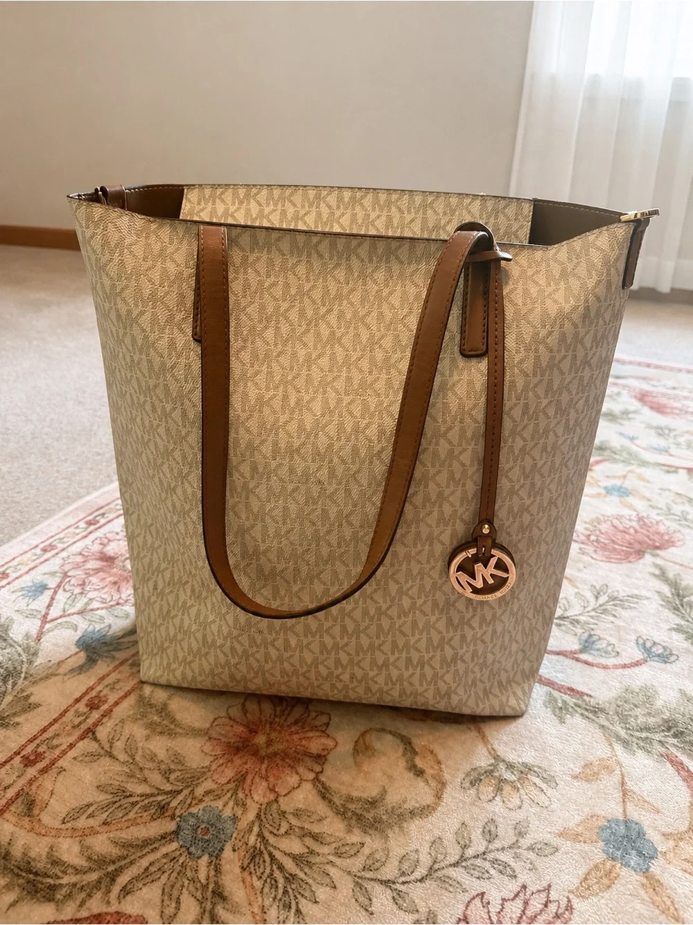 Michael Kors Beige Signature MK Logo Tote with Brown Leather Straps